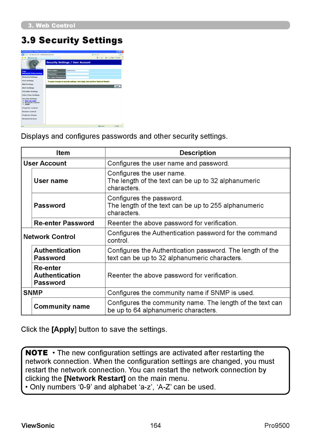 ViewSonic VS13835 warranty Security Settings, Snmp 