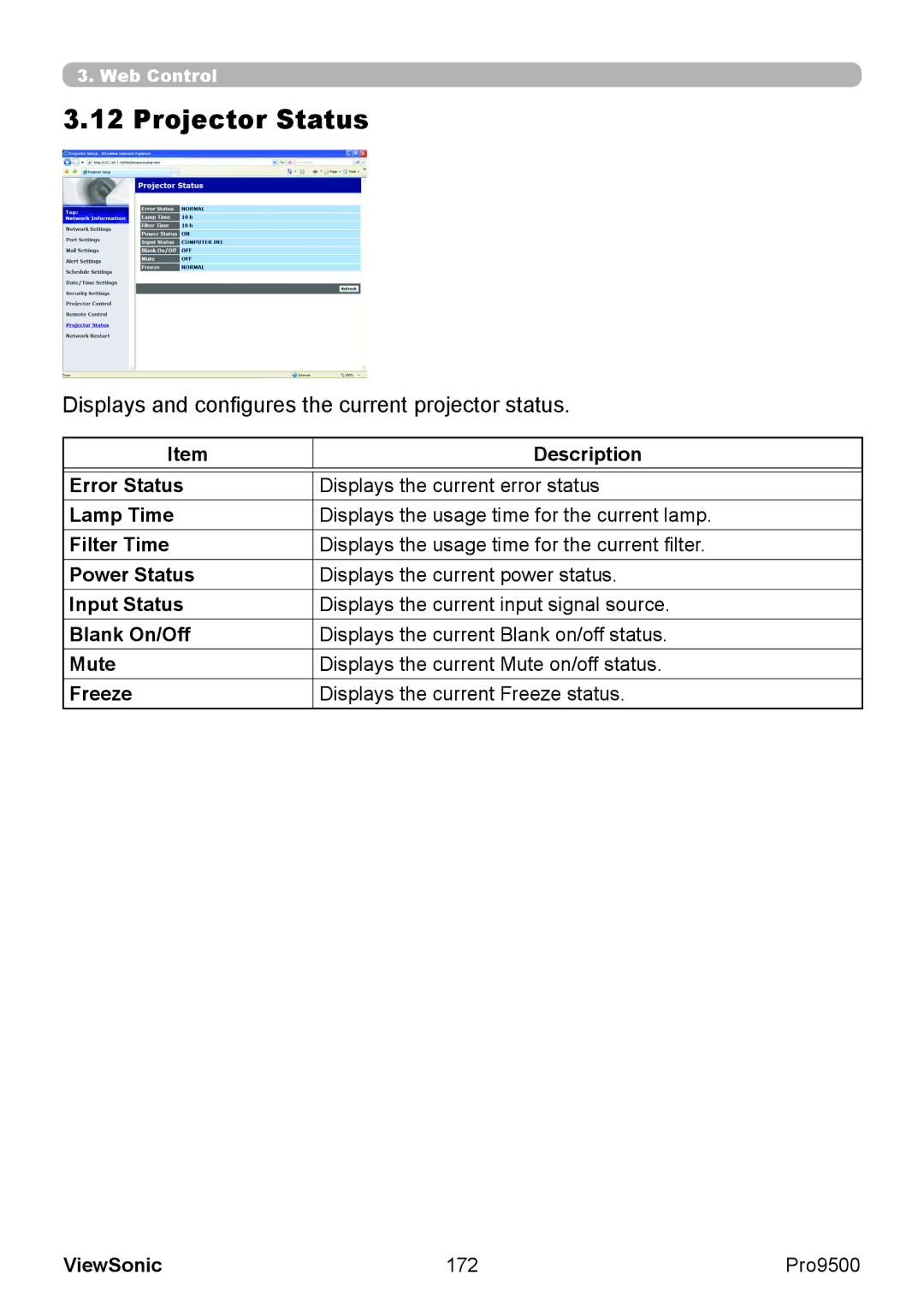 ViewSonic VS13835 warranty Projector Status, Displays and configures the current projector status, 172 