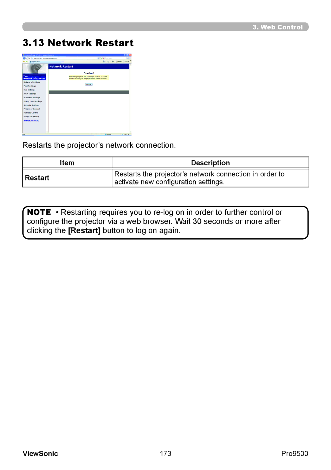 ViewSonic VS13835 warranty Network Restart, Restarts the projector’s network connection, Description Restart, 173 