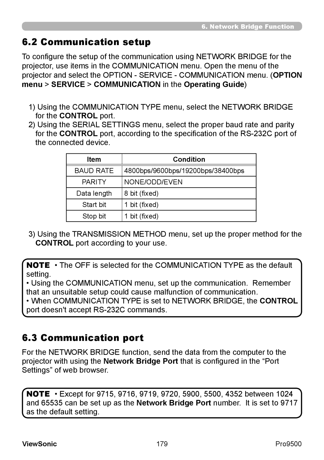 ViewSonic VS13835 Communication setup, Communication port, Menu Service Communication in the Operating Guide, Condition 