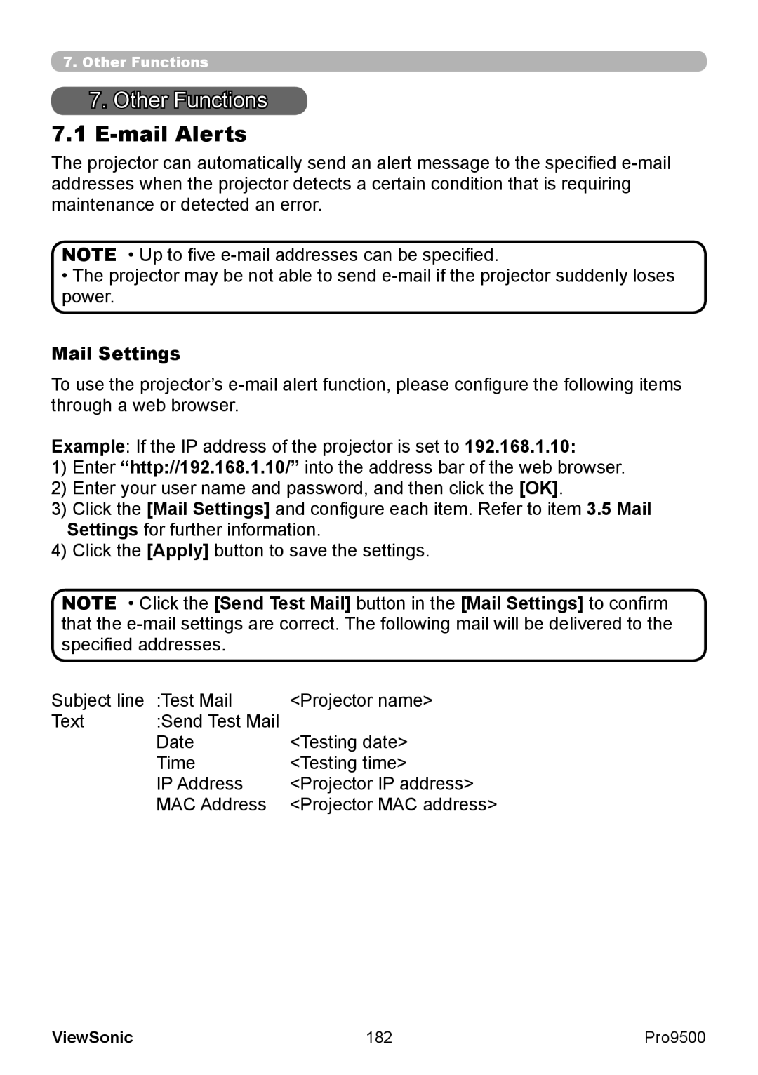 ViewSonic VS13835 warranty Other Functions, Mail Alerts, Mail Settings, 182 