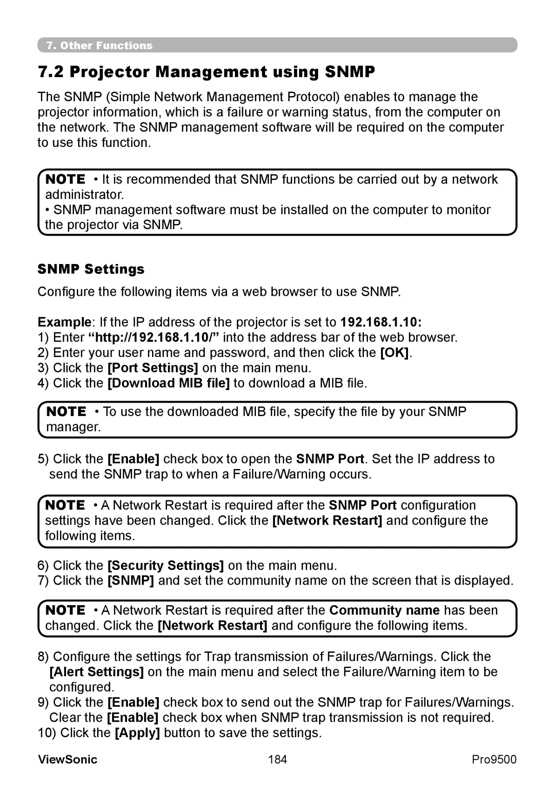 ViewSonic VS13835 warranty Projector Management using Snmp, Snmp Settings, 184 