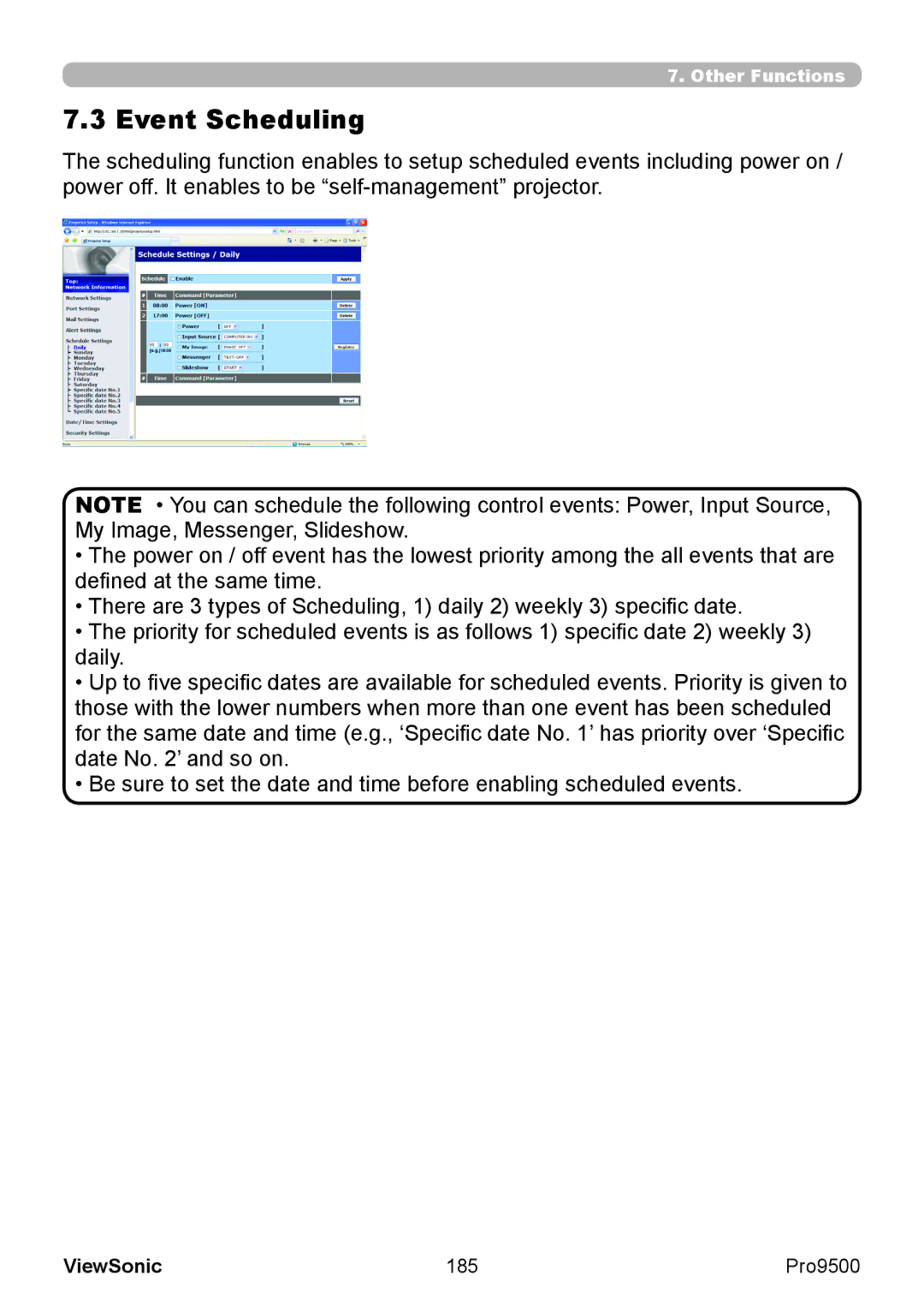 ViewSonic VS13835 warranty Event Scheduling, 185 