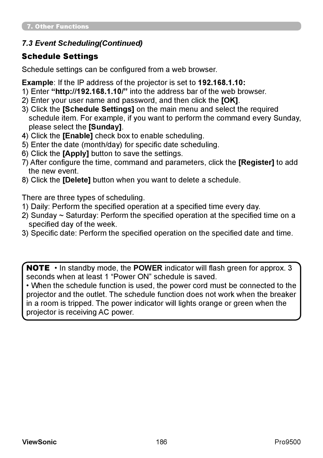 ViewSonic VS13835 warranty Event Scheduling, Schedule Settings, 186 