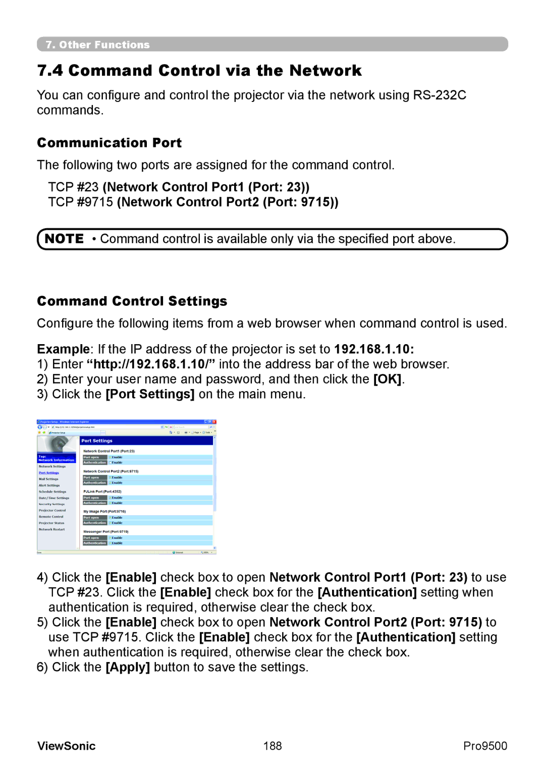 ViewSonic VS13835 warranty Command Control via the Network, Communication Port, 188 