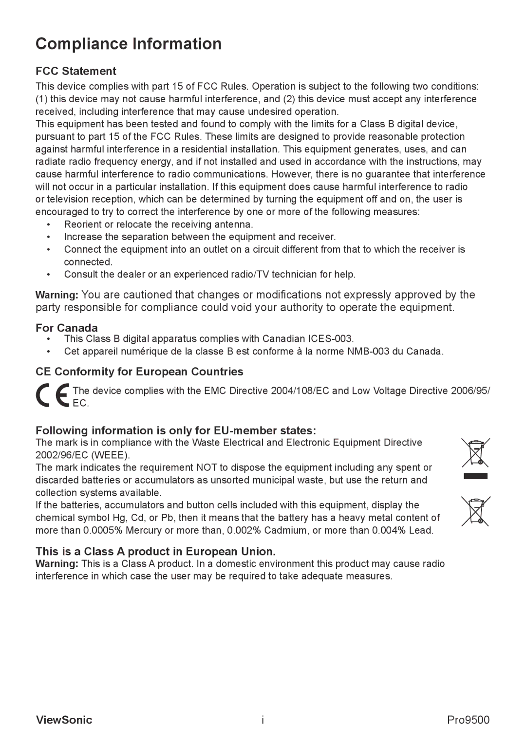 ViewSonic VS13835 warranty FCC Statement, For Canada, CE Conformity for European Countries 