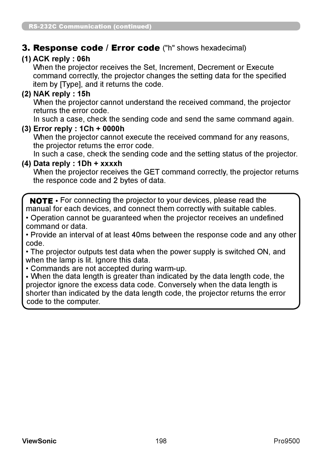 ViewSonic VS13835 warranty ACK reply 06h, NAK reply 15h, Error reply 1Ch + 0000h, Data reply 1Dh + xxxxh, 198 