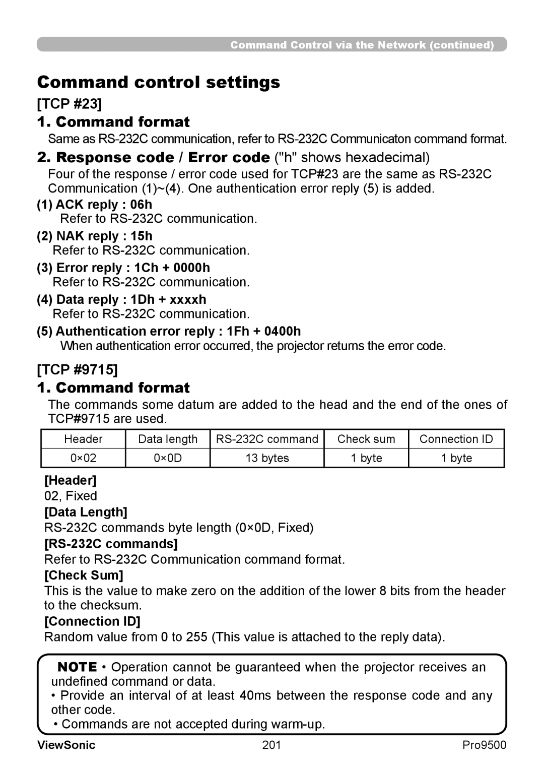 ViewSonic VS13835 warranty Header, Data Length, RS-232C commands, Check Sum, Connection ID 