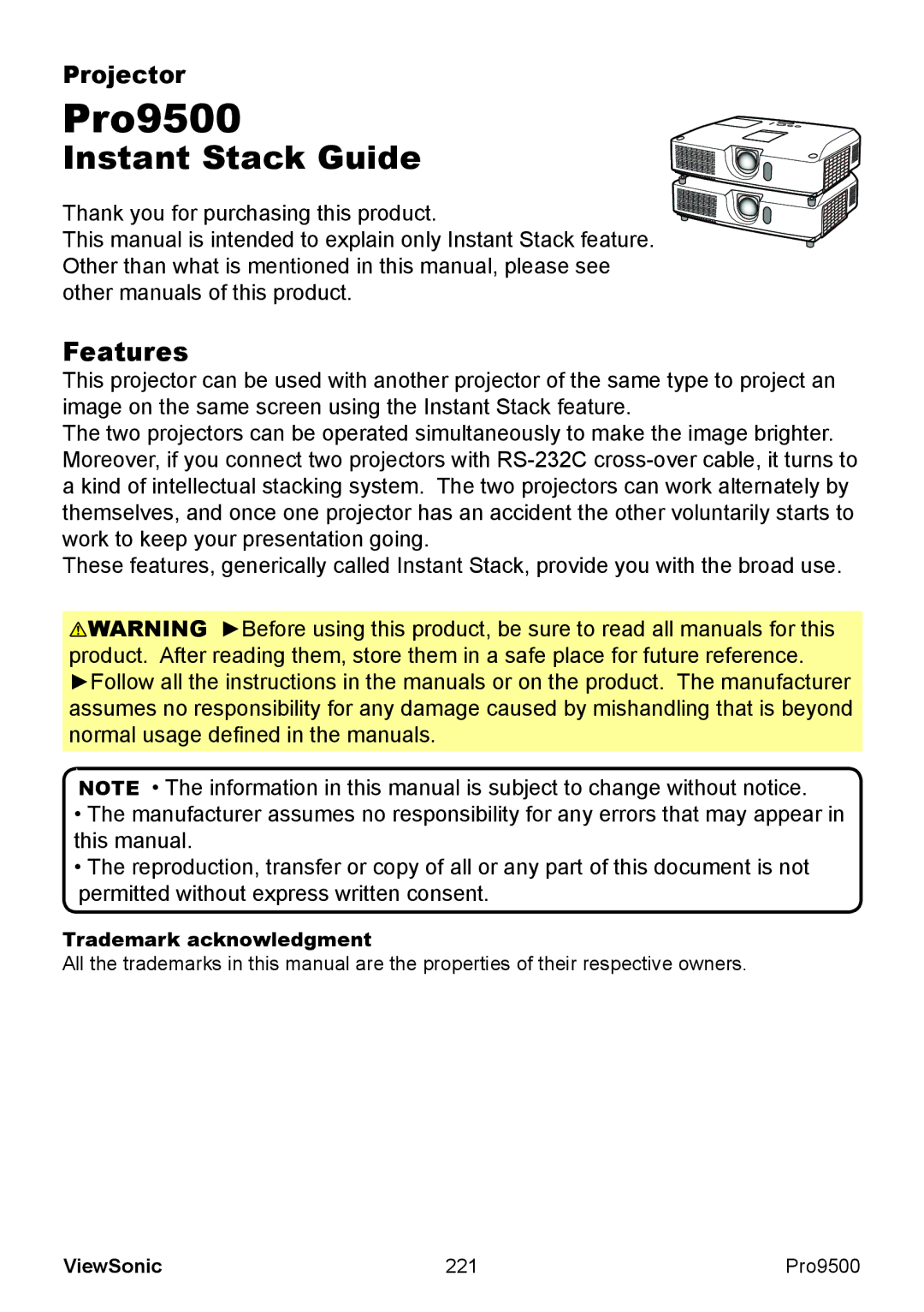 ViewSonic VS13835 warranty Instant Stack Guide, 221 