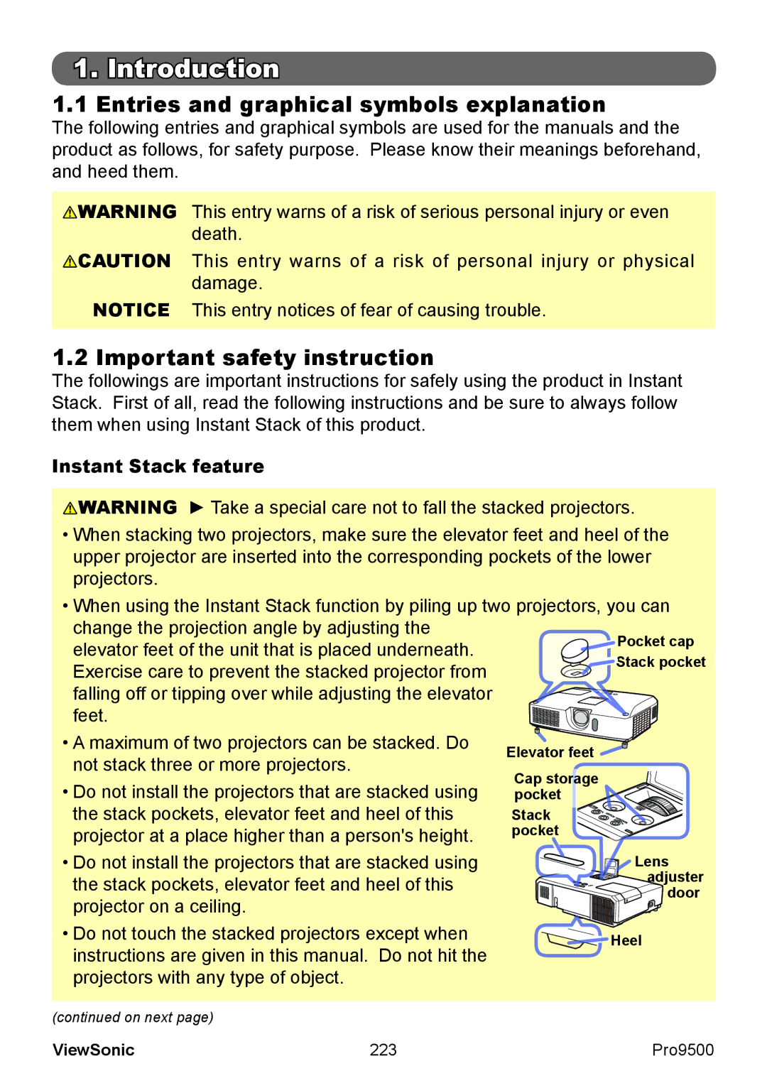 ViewSonic VS13835 warranty Entries and graphical symbols explanation, Important safety instruction, Instant Stack feature 