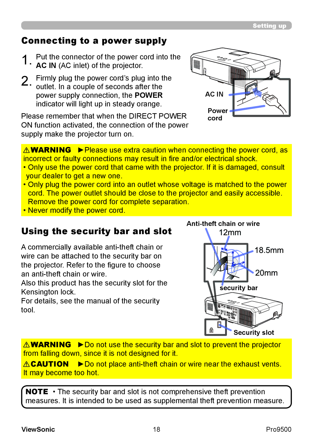 ViewSonic VS13835 warranty Connecting to a power supply, Using the security bar and slot, Power cord 