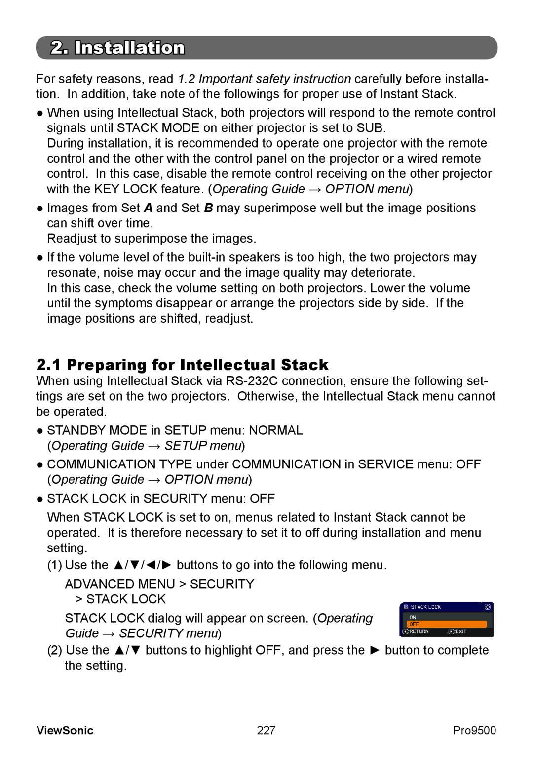 ViewSonic VS13835 warranty Preparing for Intellectual Stack, 227 