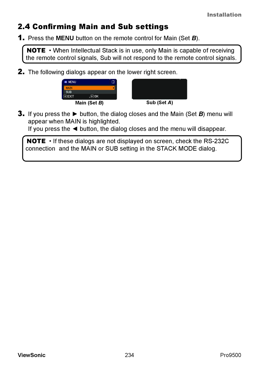 ViewSonic VS13835 warranty Confirming Main and Sub settings, 234 