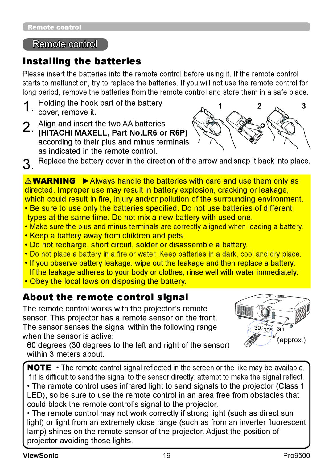 ViewSonic VS13835 warranty Remote control, Installing the batteries, About the remote control signal, Approx 