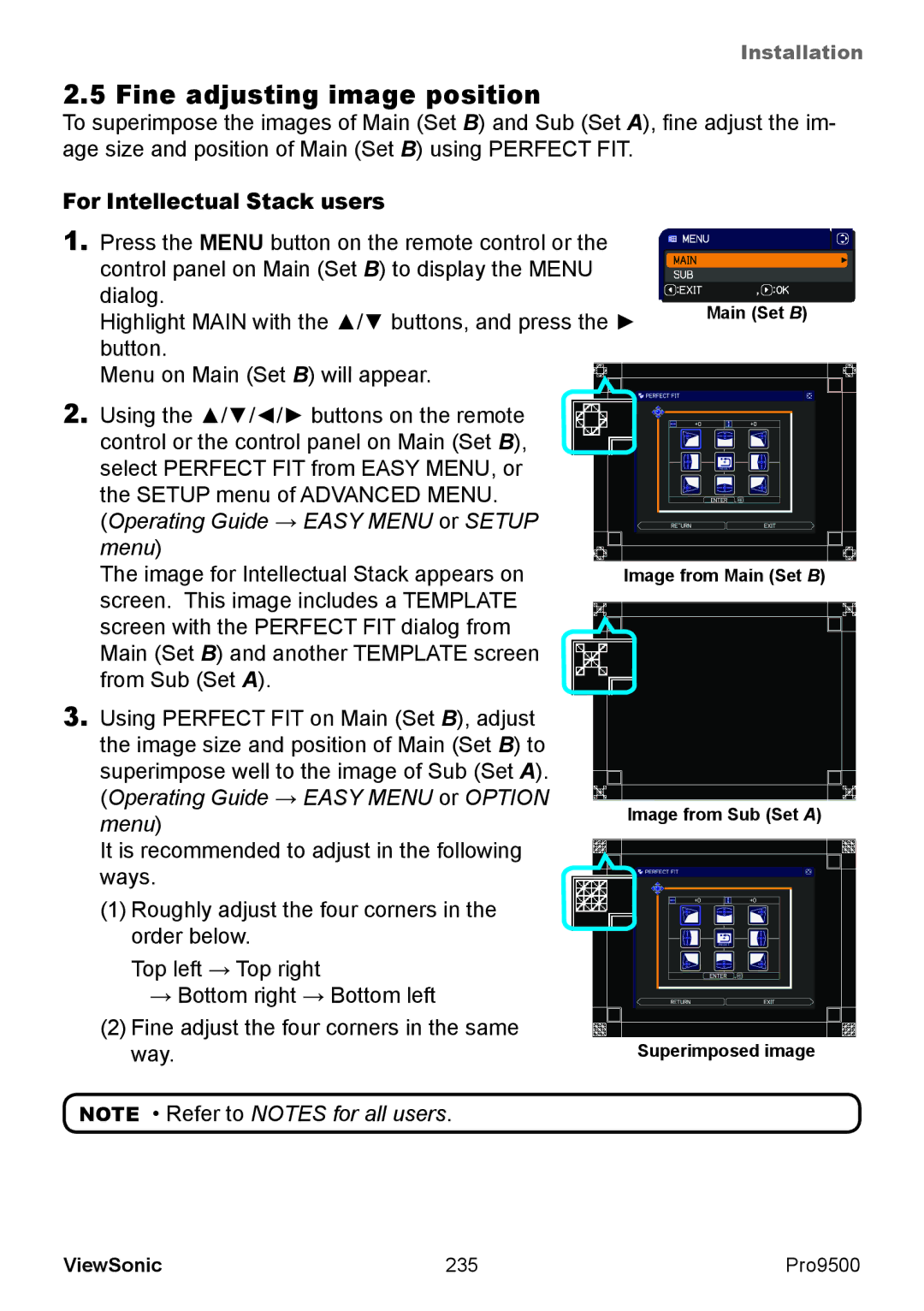 ViewSonic VS13835 warranty Fine adjusting image position, For Intellectual Stack users 