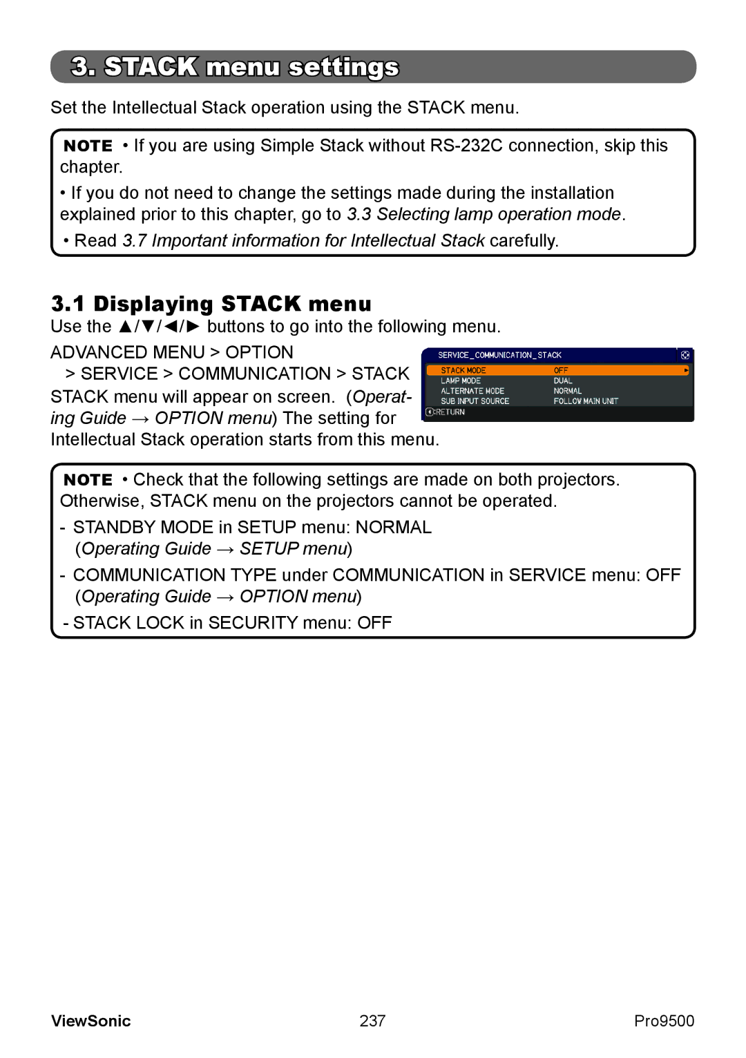 ViewSonic VS13835 warranty Displaying Stack menu, 237 