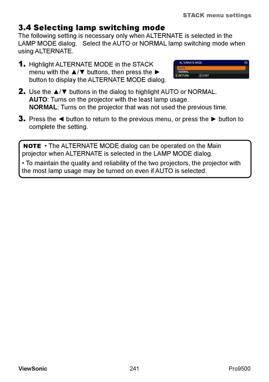 ViewSonic VS13835 warranty Selecting lamp switching mode, 241 