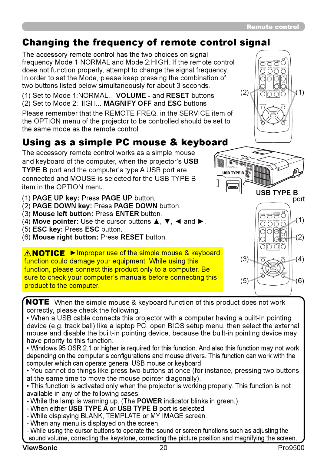 ViewSonic VS13835 warranty Changing the frequency of remote control signal, Using as a simple PC mouse & keyboard 