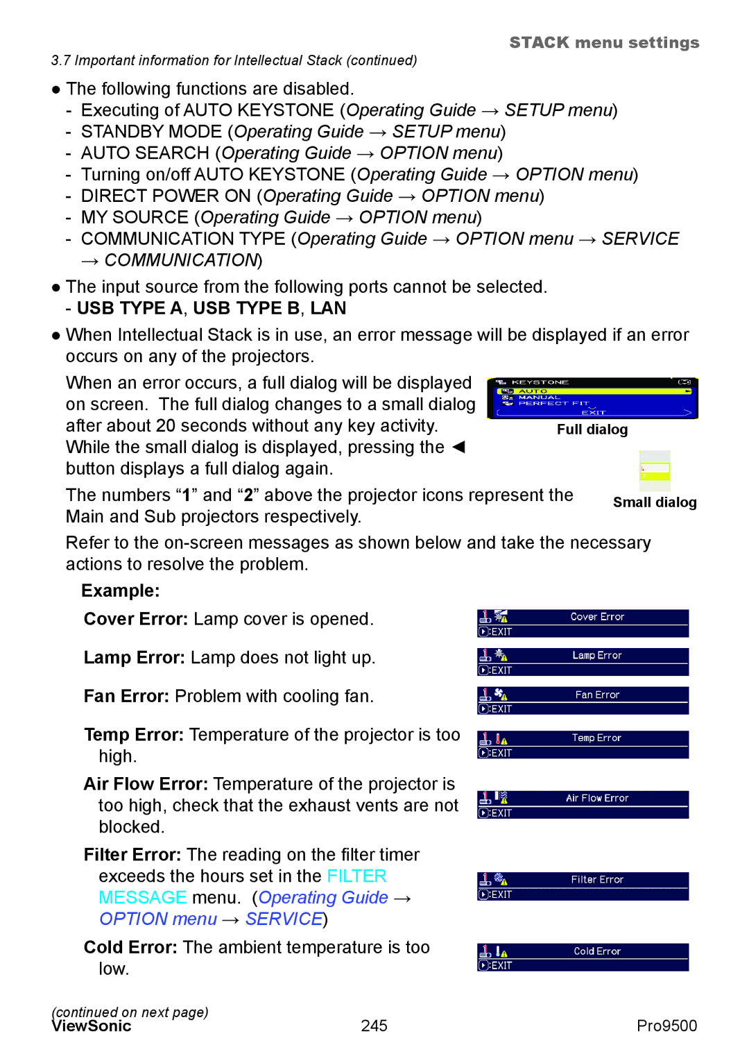 ViewSonic VS13835 warranty Turning on/off Auto Keystone Operating Guide → Option menu, Example 