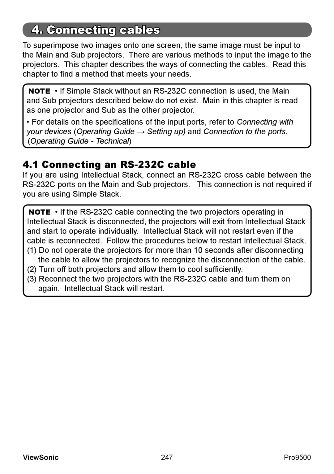 ViewSonic VS13835 warranty Connecting an RS-232C cable, 247 