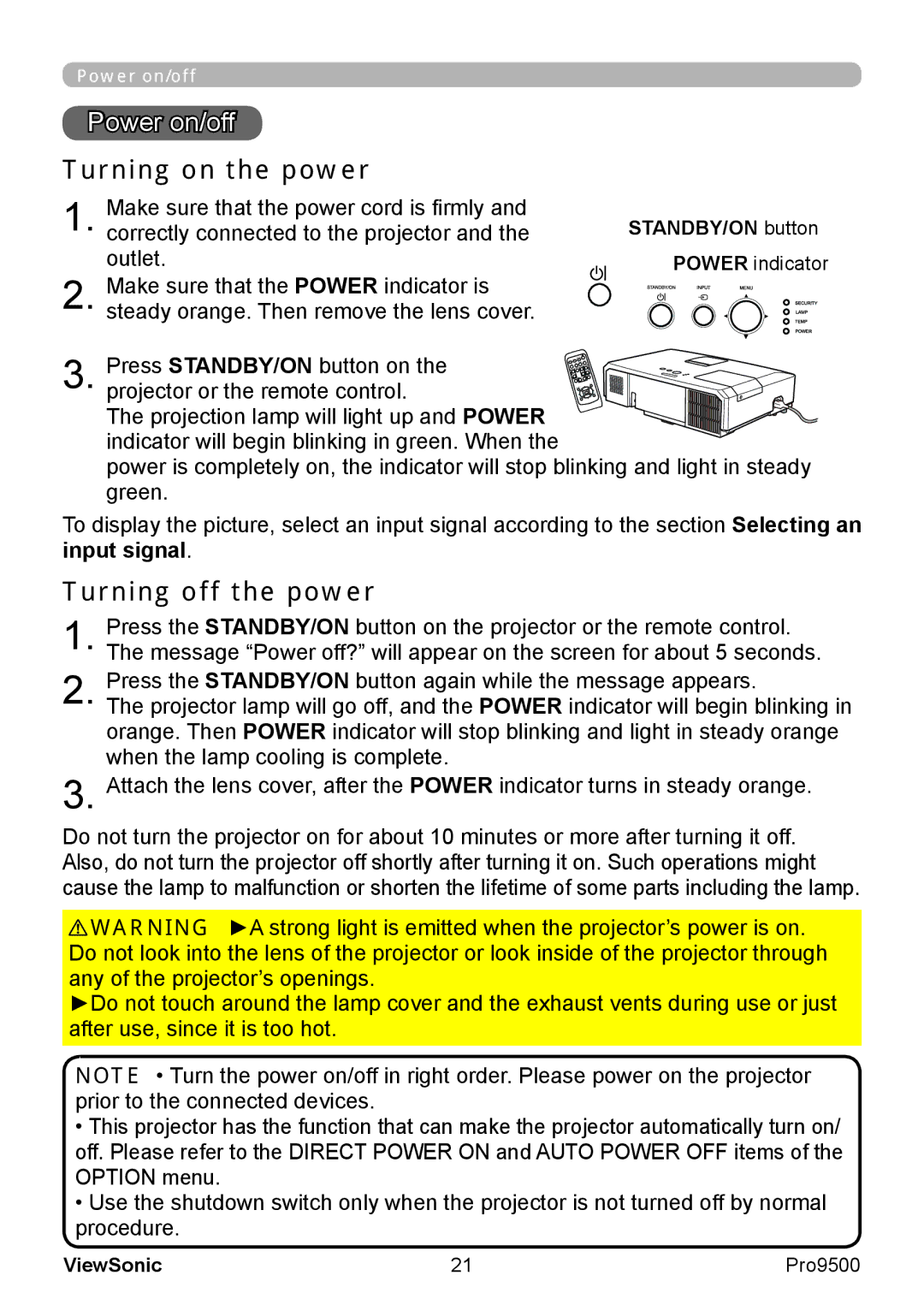 ViewSonic VS13835 warranty Power on/off, Turning on the power, Turning off the power, STANDBY/ON button, Power indicator 