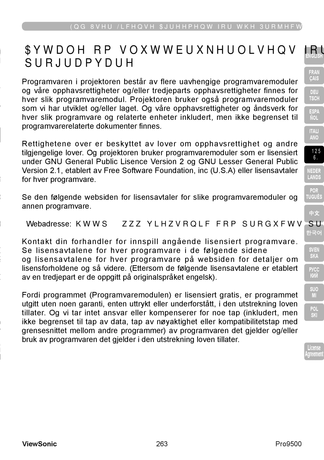 ViewSonic VS13835 warranty Avtale om sluttbrukerlisens for projektorens programvare, 263 