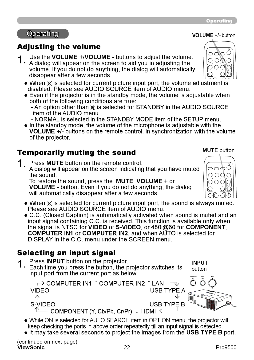 ViewSonic VS13835 warranty Operating, Adjusting the volume, Temporarily muting the sound, Selecting an input signal 