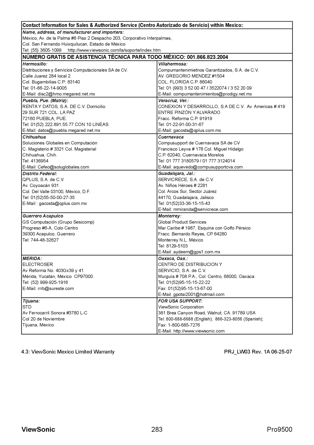 ViewSonic VS13835 warranty 283, Name, address, of manufacturer and importers 
