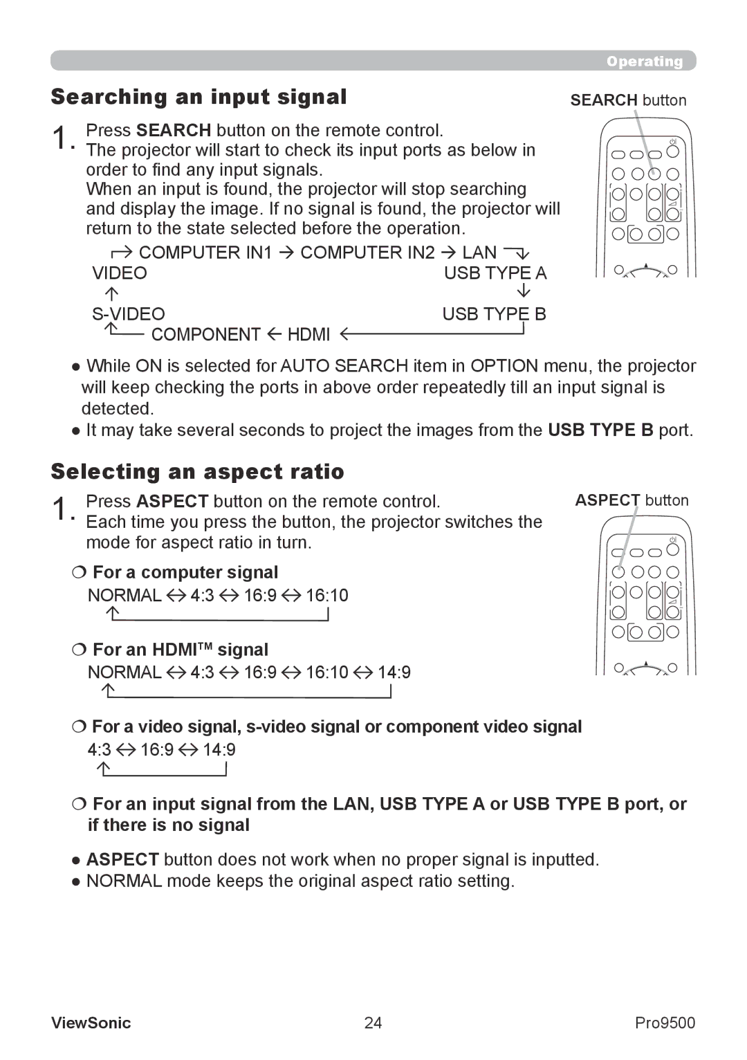 ViewSonic VS13835 warranty Searching an input signal, Selecting an aspect ratio,  For an Hdmitm signal, Normal 43 169 1610 