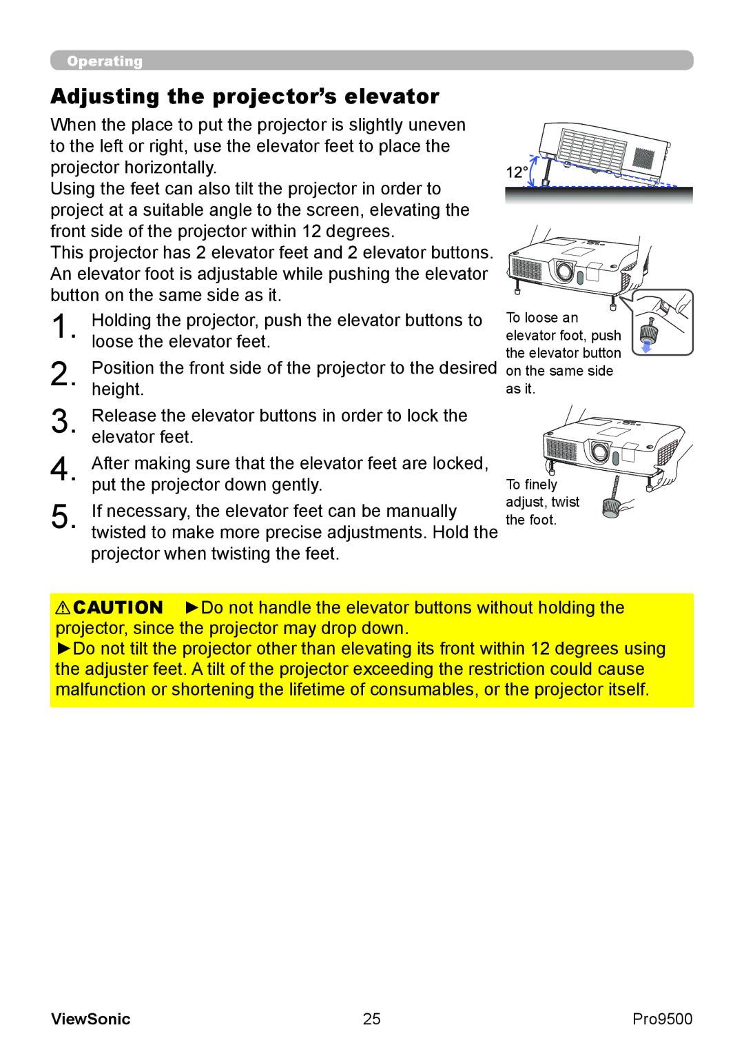 ViewSonic VS13835 warranty Adjusting the projector’s elevator 