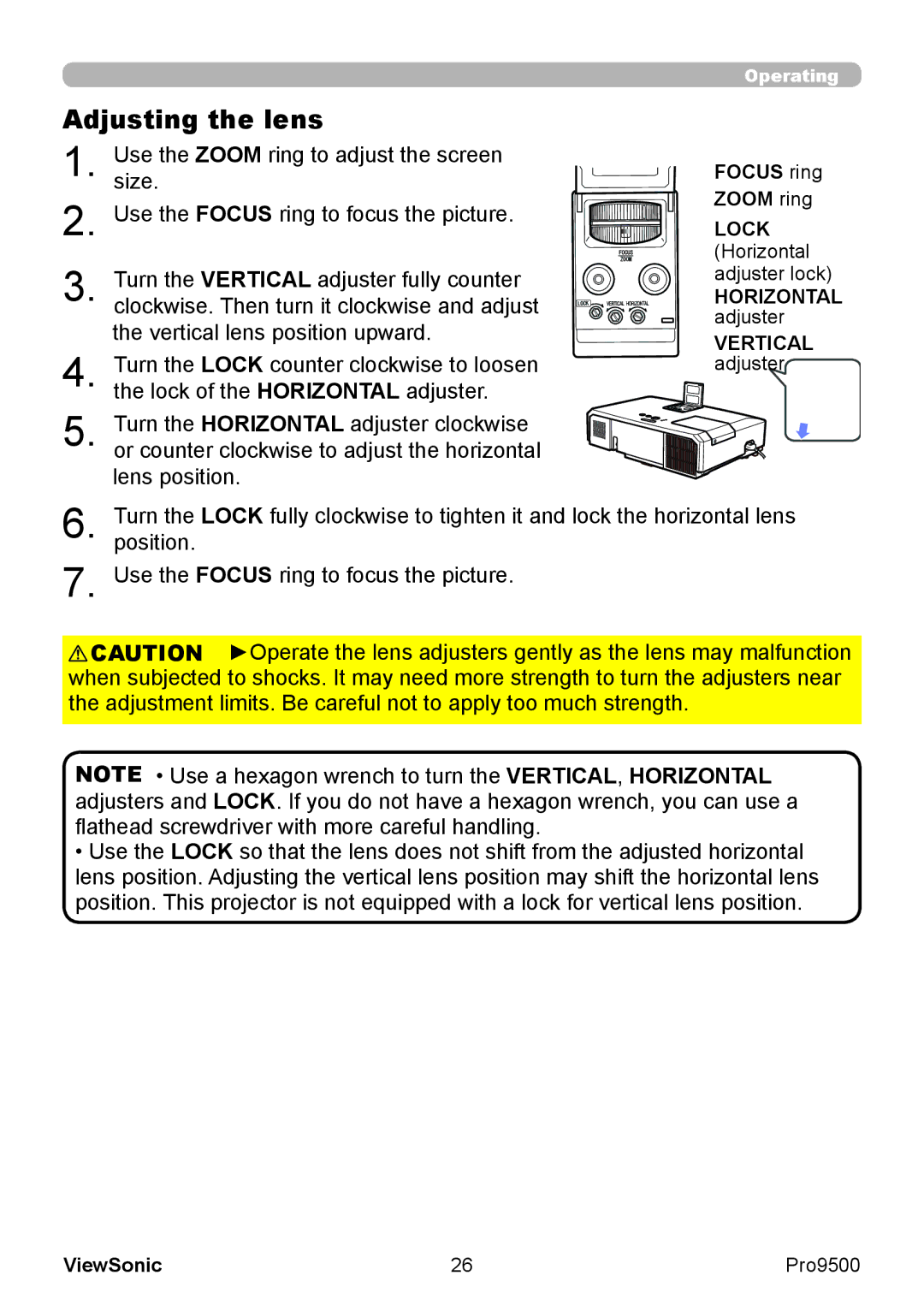 ViewSonic VS13835 warranty Adjusting the lens 