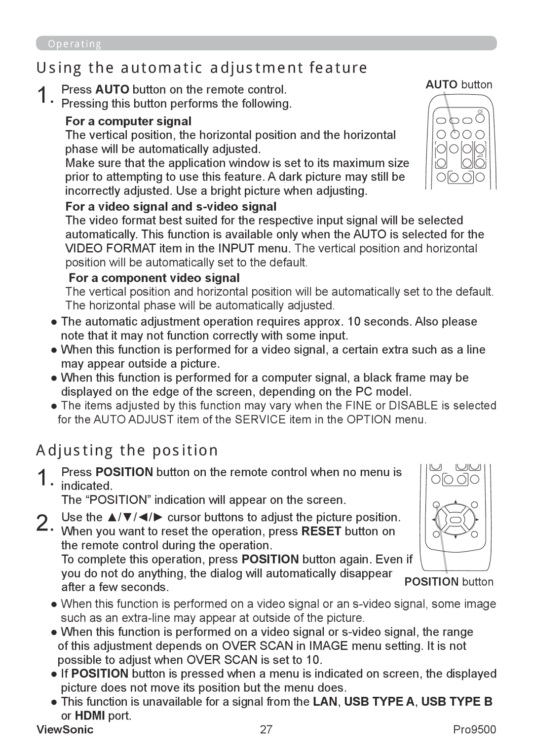 ViewSonic VS13835 warranty Using the automatic adjustment feature, Adjusting the position,  For a computer signal 