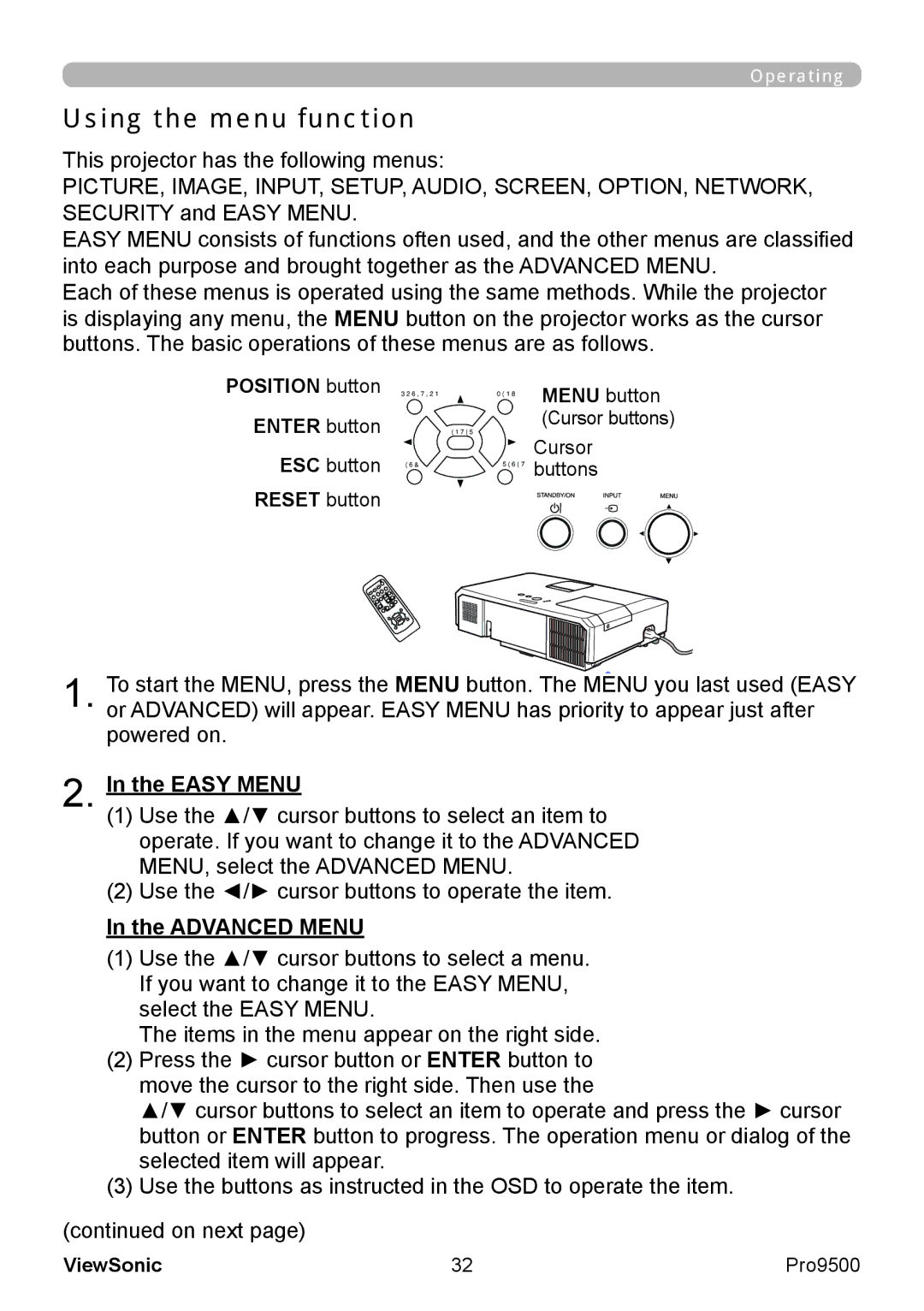 ViewSonic VS13835 warranty Using the menu function, Easy Menu, Advanced Menu, Position button 