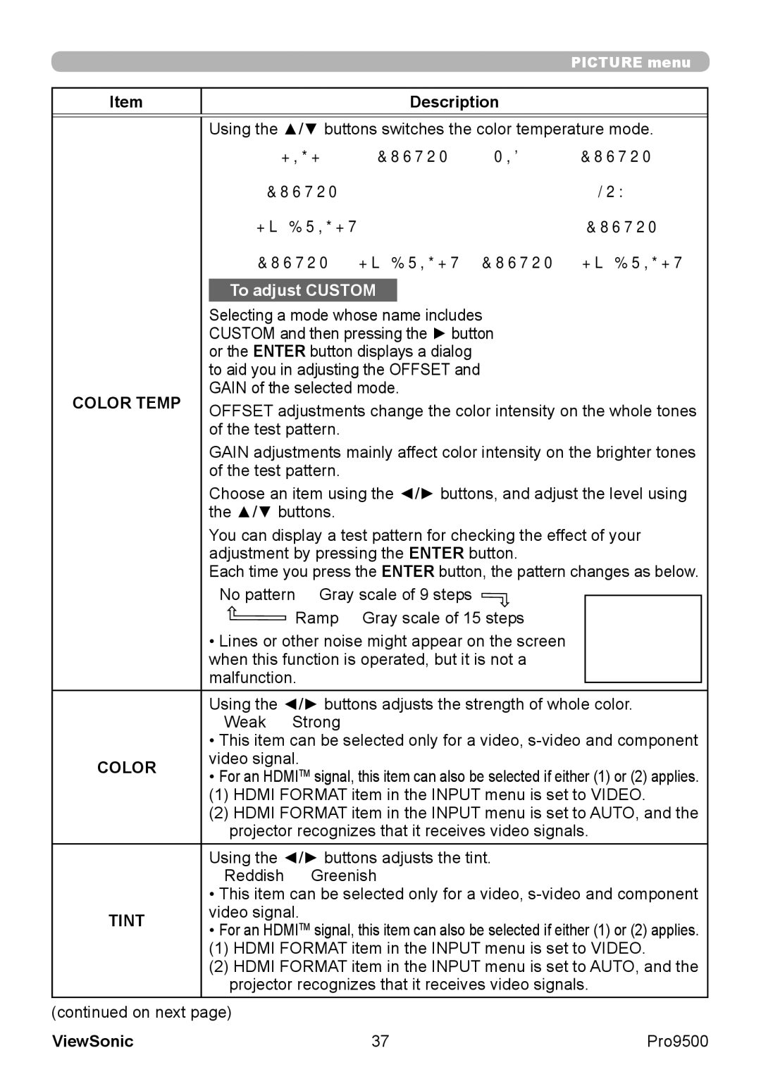 ViewSonic VS13835 warranty Color Temp, Tint 