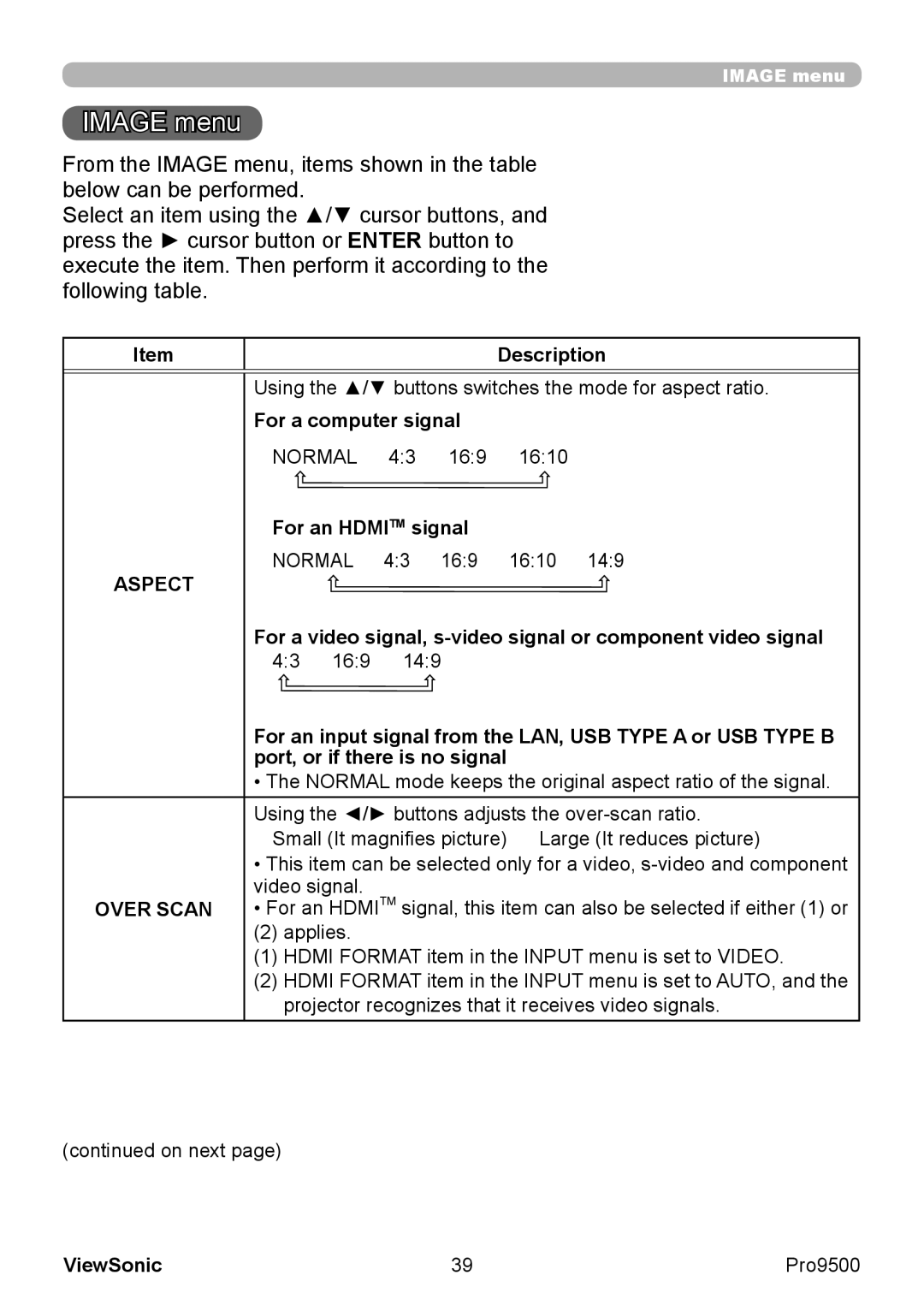 ViewSonic VS13835 warranty Image menu, For a computer signal, For an Hdmitm signal 