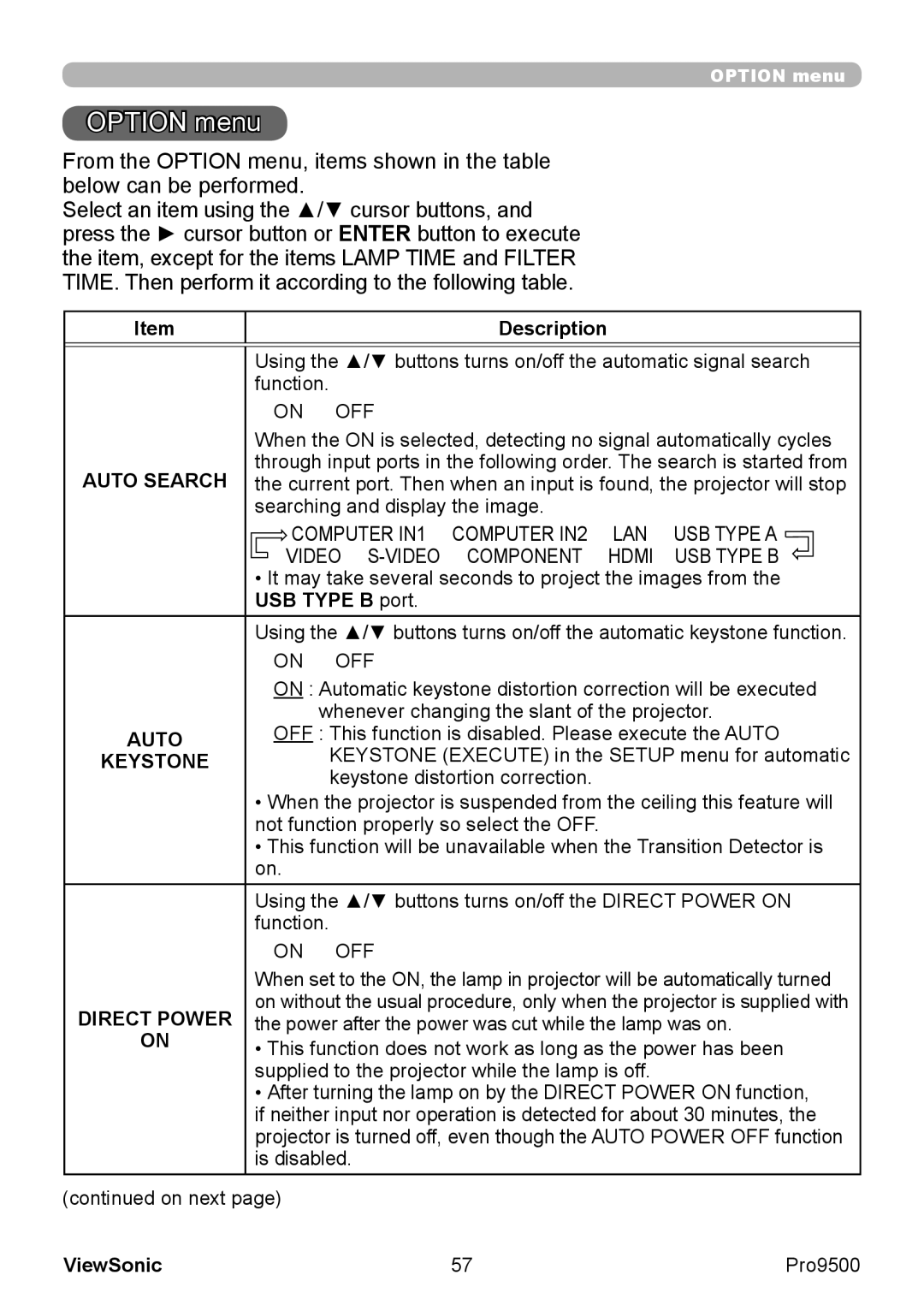 ViewSonic VS13835 warranty Option menu, Auto Search, Direct Power 