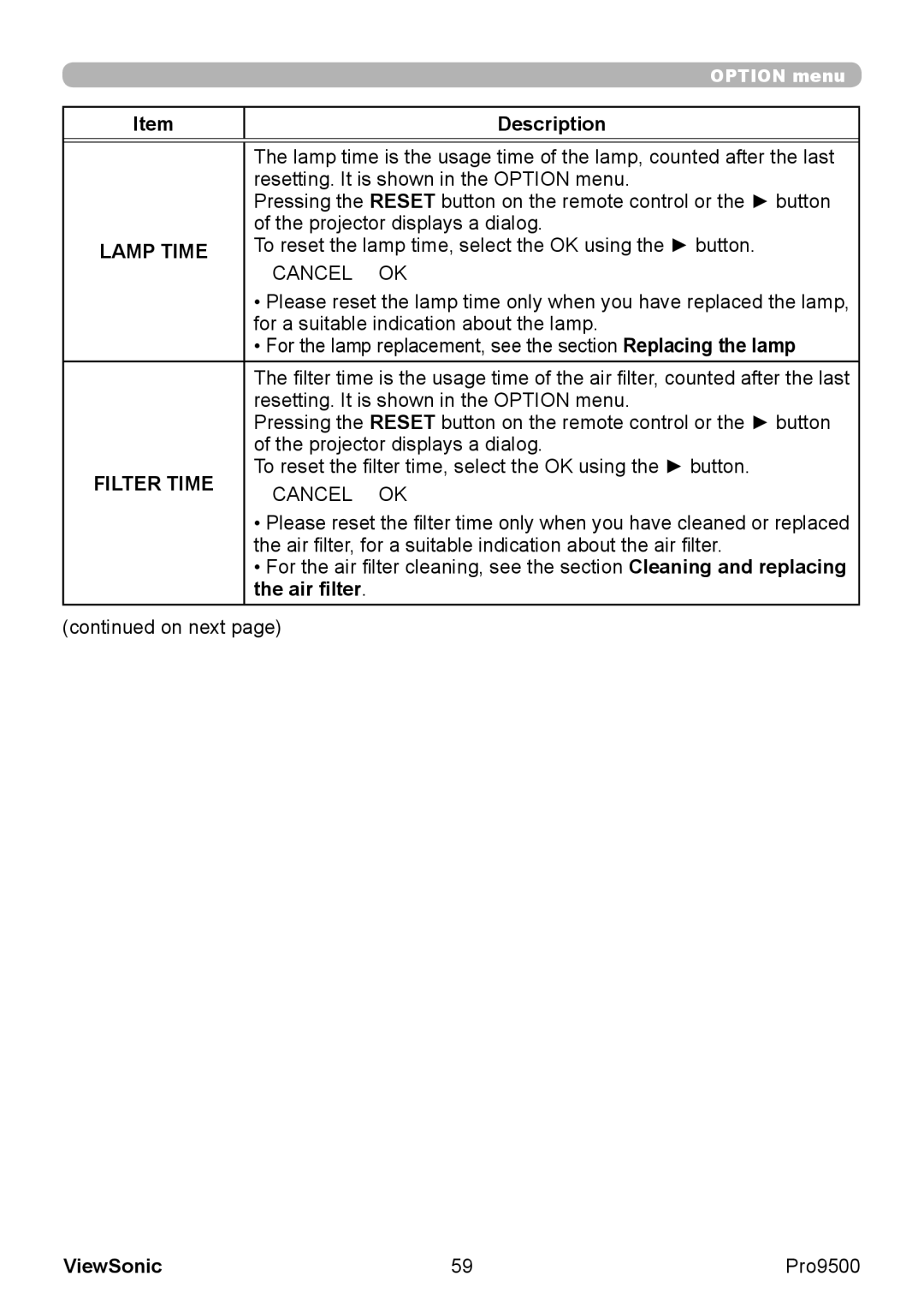 ViewSonic VS13835 warranty Lamp Time, Air filter 