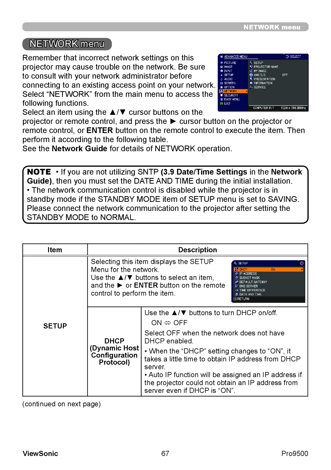 ViewSonic VS13835 warranty Network menu, Setup, Dhcp 