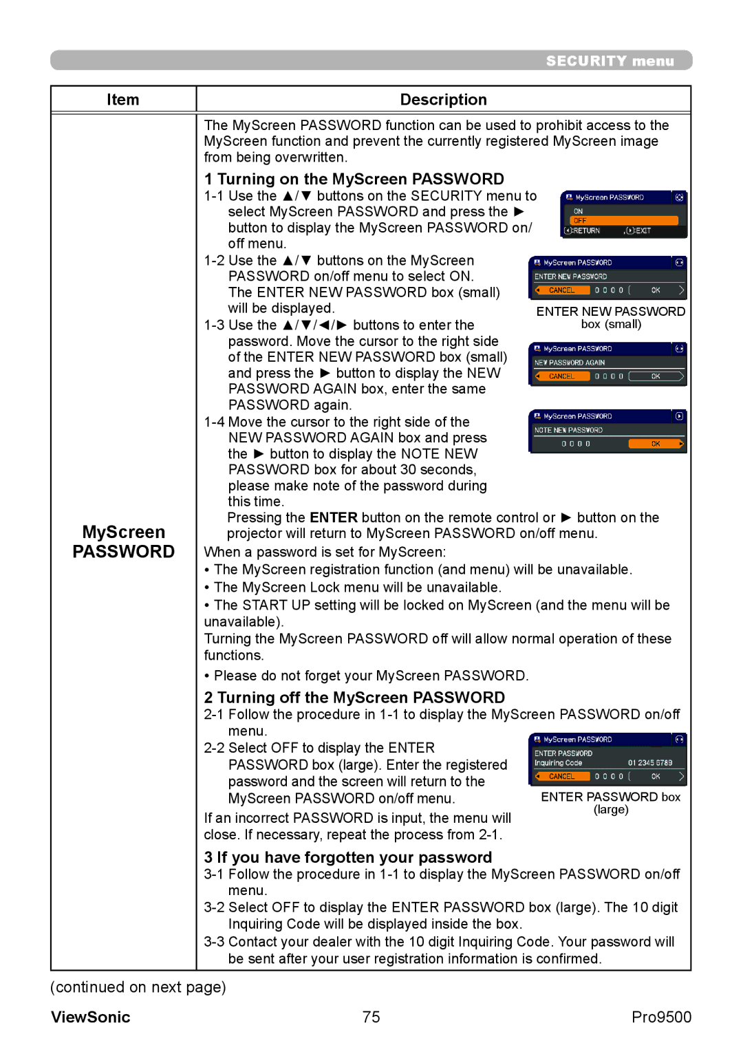 ViewSonic VS13835 warranty Turning on the MyScreen Password, Turning off the MyScreen Password 