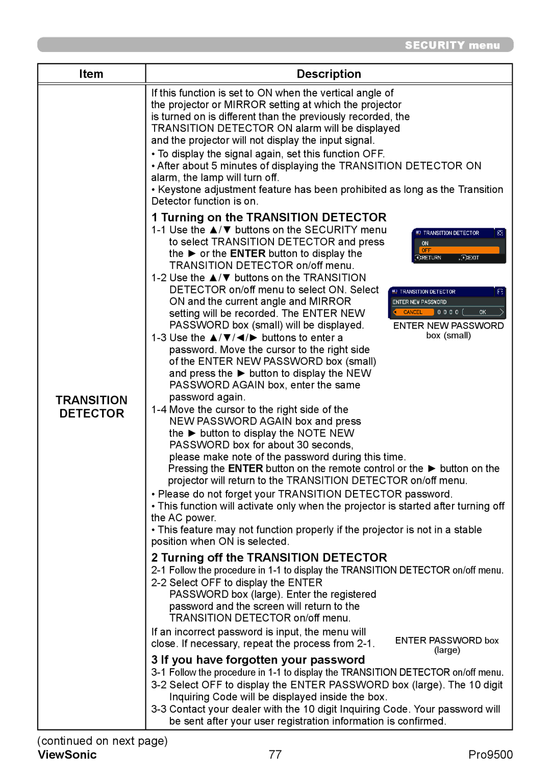 ViewSonic VS13835 warranty Turning on the Transition Detector, Turning off the Transition Detector 