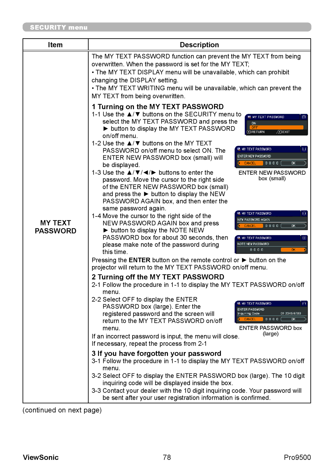 ViewSonic VS13835 warranty Turning on the MY Text Password, Turning off the MY Text Password 