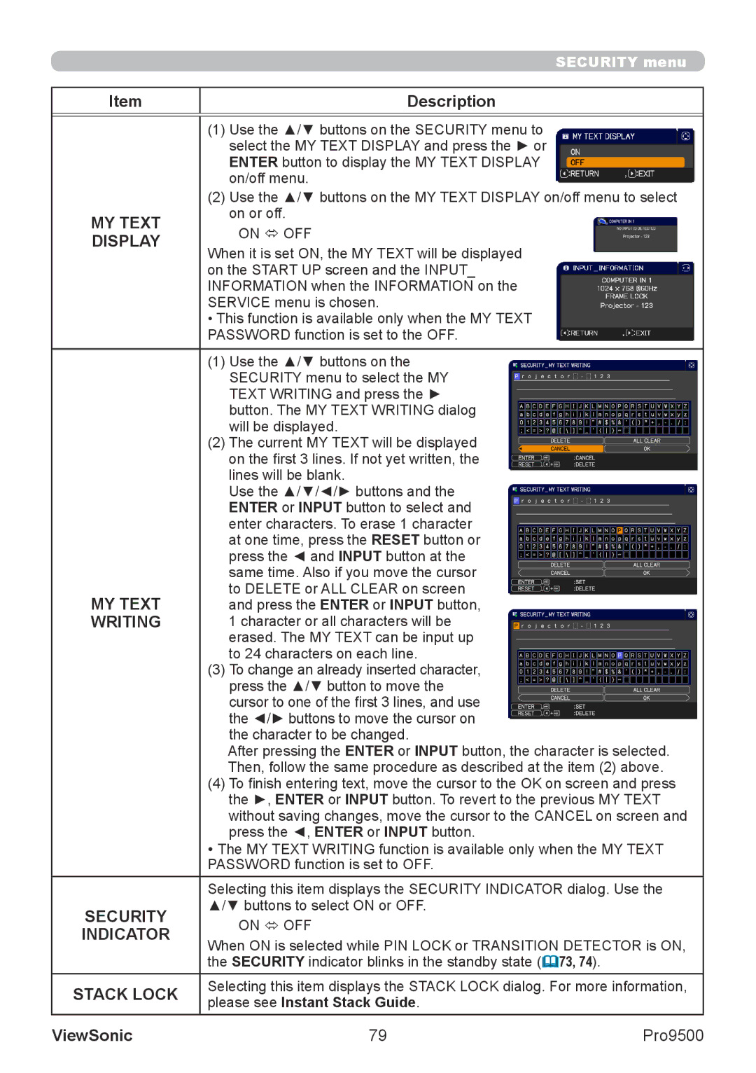 ViewSonic VS13835 warranty MY Text, Writing, Indicator, Stack Lock 