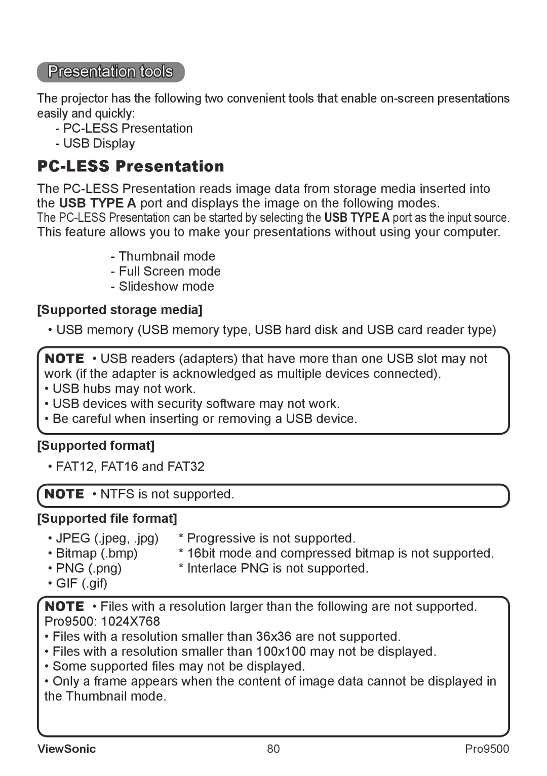 ViewSonic VS13835 warranty Presentation tools, PC-LESS Presentation, Supported storage media, Supported format 