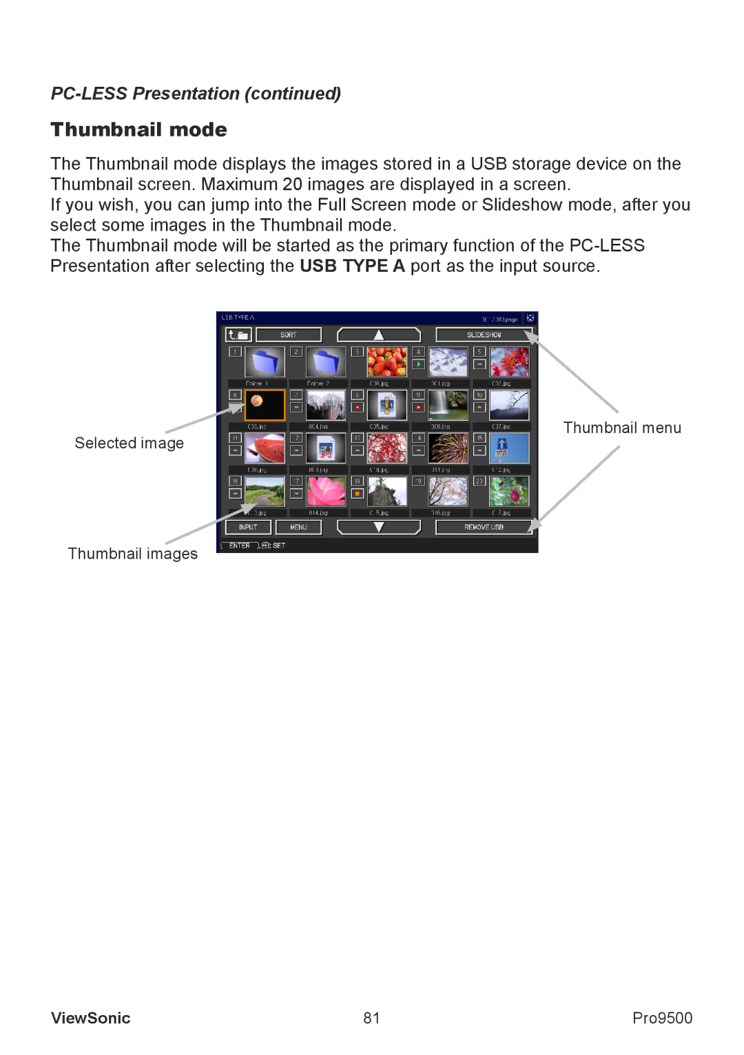 ViewSonic VS13835 warranty PC-LESS Presentation, Selected image Thumbnail menu Thumbnail images 