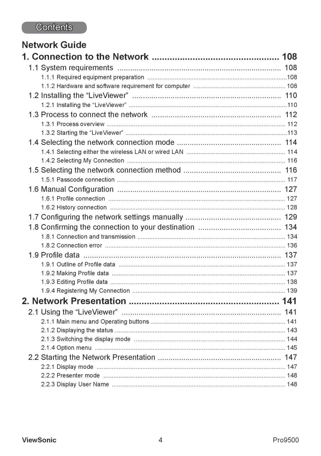 ViewSonic VS13835 warranty Network Guide Connection to the Network 108, Network Presentation 141 