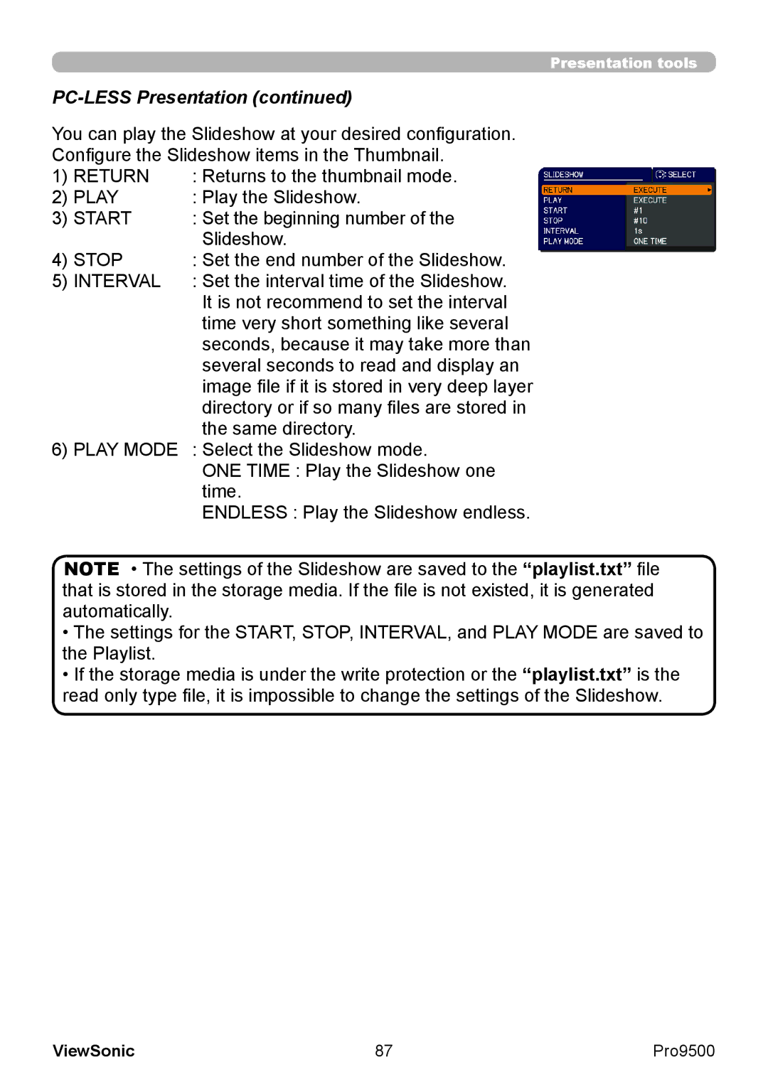 ViewSonic VS13835 Returns to the thumbnail mode, Play the Slideshow, Set the beginning number, Same directory, Time 