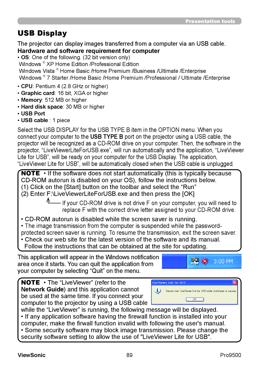 ViewSonic VS13835 warranty USB Display, Hardware and software requirement for computer, USB Port USB cable 1 piece 