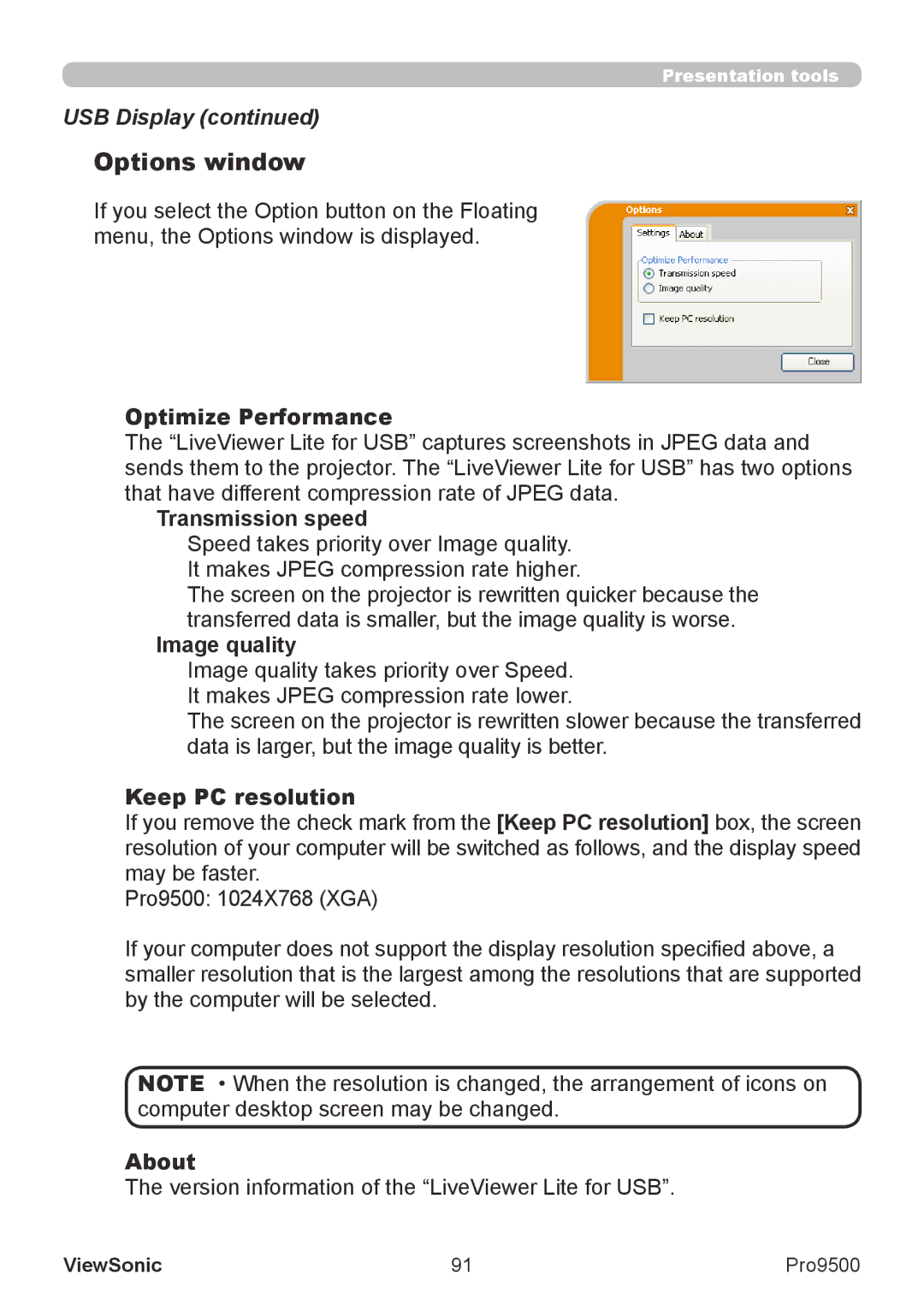 ViewSonic VS13835 warranty Optimize Performance, Transmission speed, Image quality, Keep PC resolution, About 