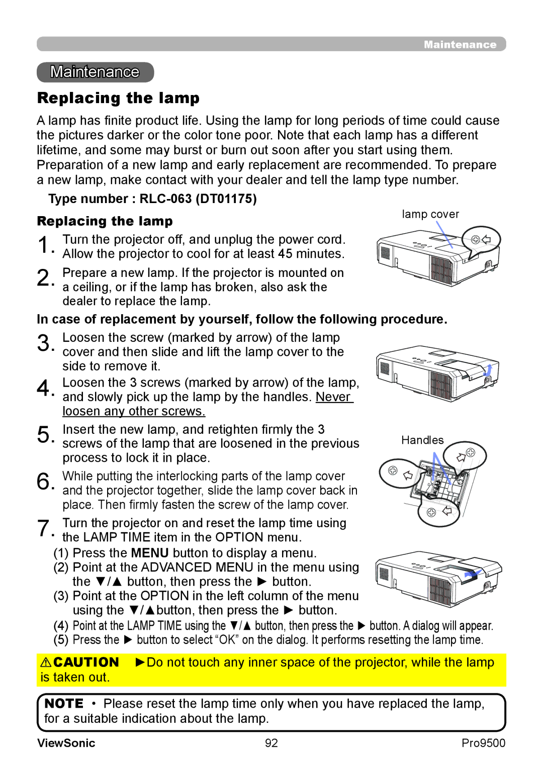 ViewSonic VS13835 warranty Maintenance, Type number RLC-063 DT01175 Replacing the lamp 