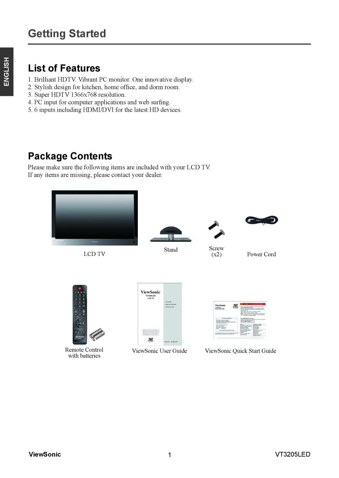 ViewSonic VS13915-1M warranty List of Features, Package Contents 